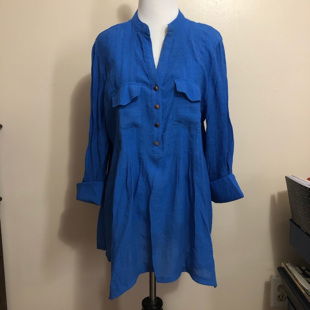 New Directions Woman Sheer Blue 3/4 Sleeve Crepe Tunic w/ Handkerchief Hem (XL)